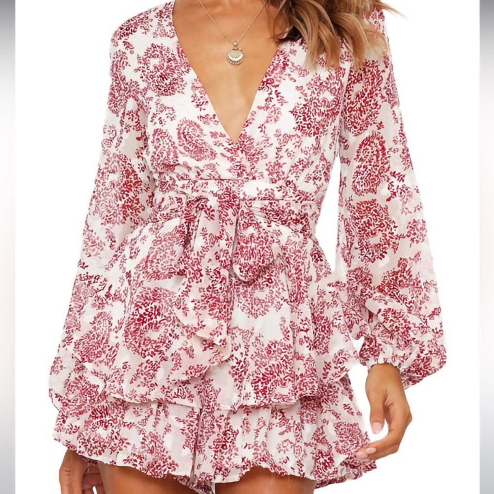 Romper Floral Print V Neck Baggy Sleeve Waist Tie Layered Ruffle Jumpsuit Size L